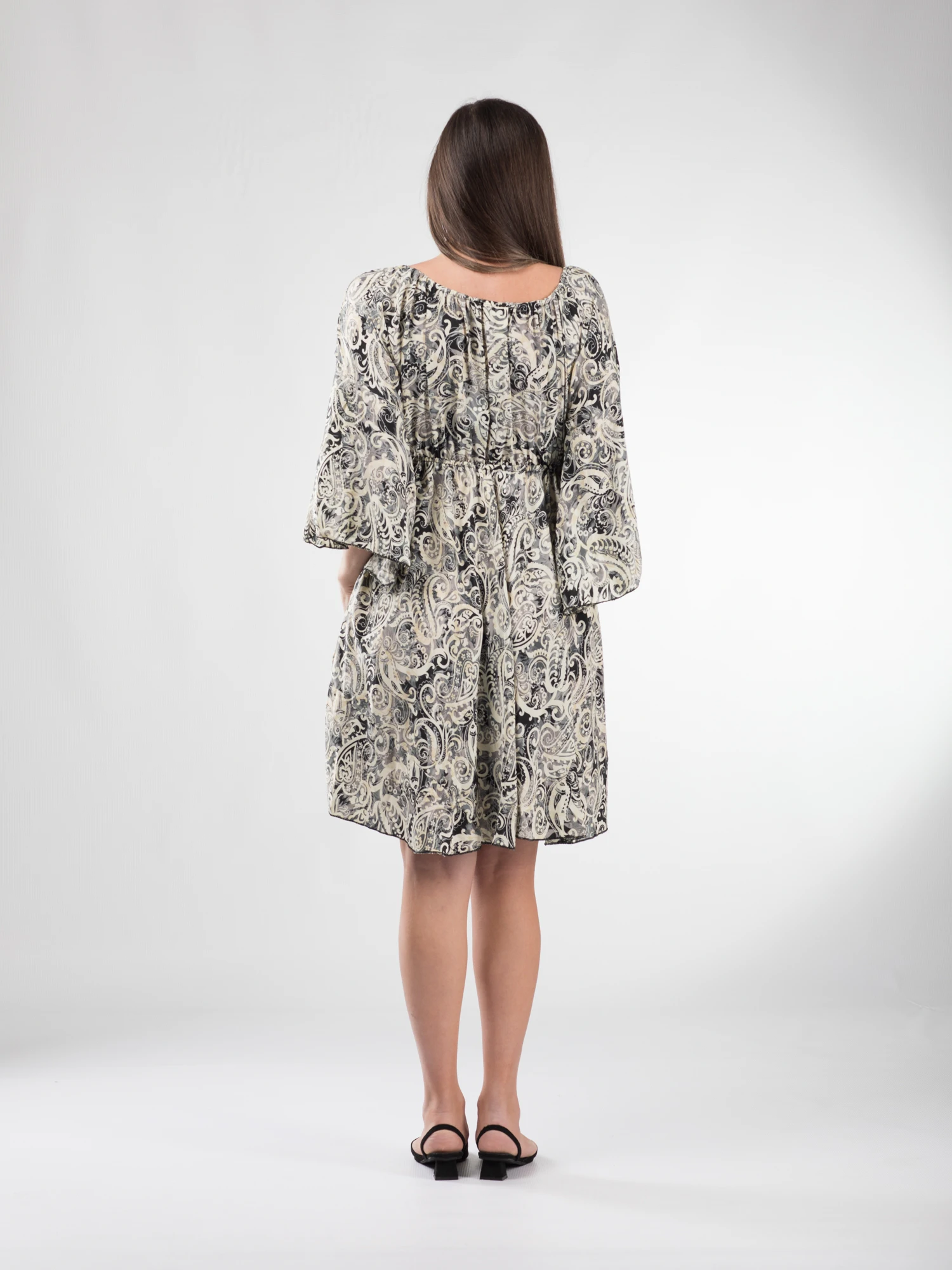 Rochie boho midi din material fluid, cu detalii aurii și mâneci 3/4 - Model 2 [3]