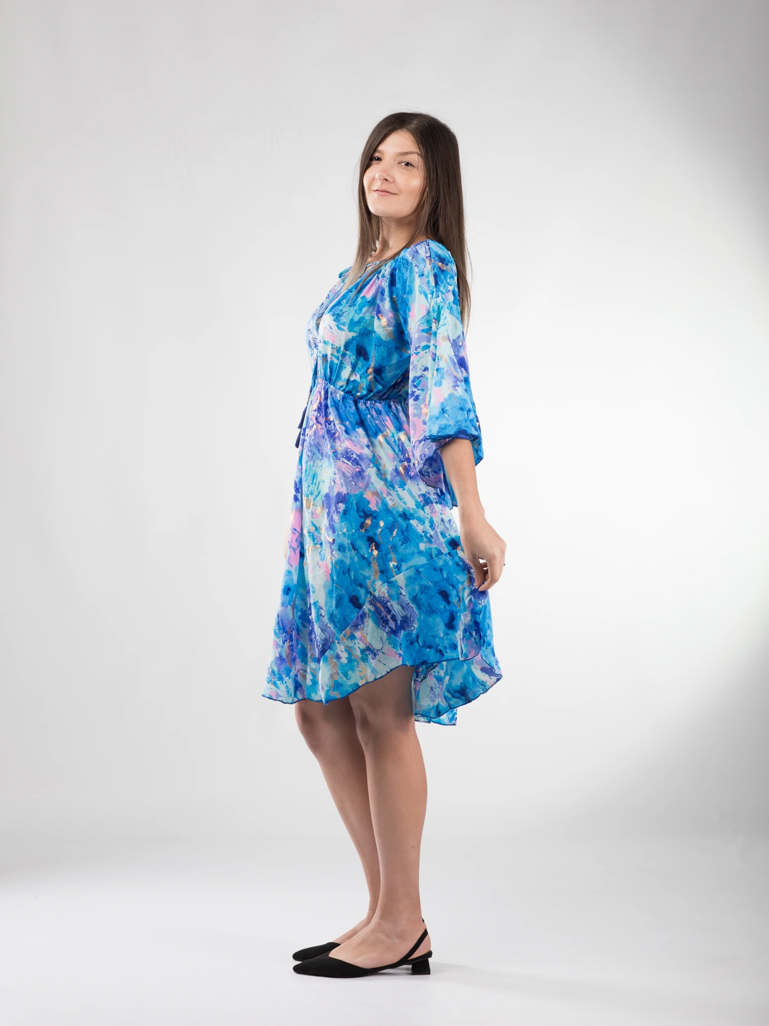 Rochie boho midi din material fluid, cu detalii aurii și mâneci 3/4 - Model 3 [2]