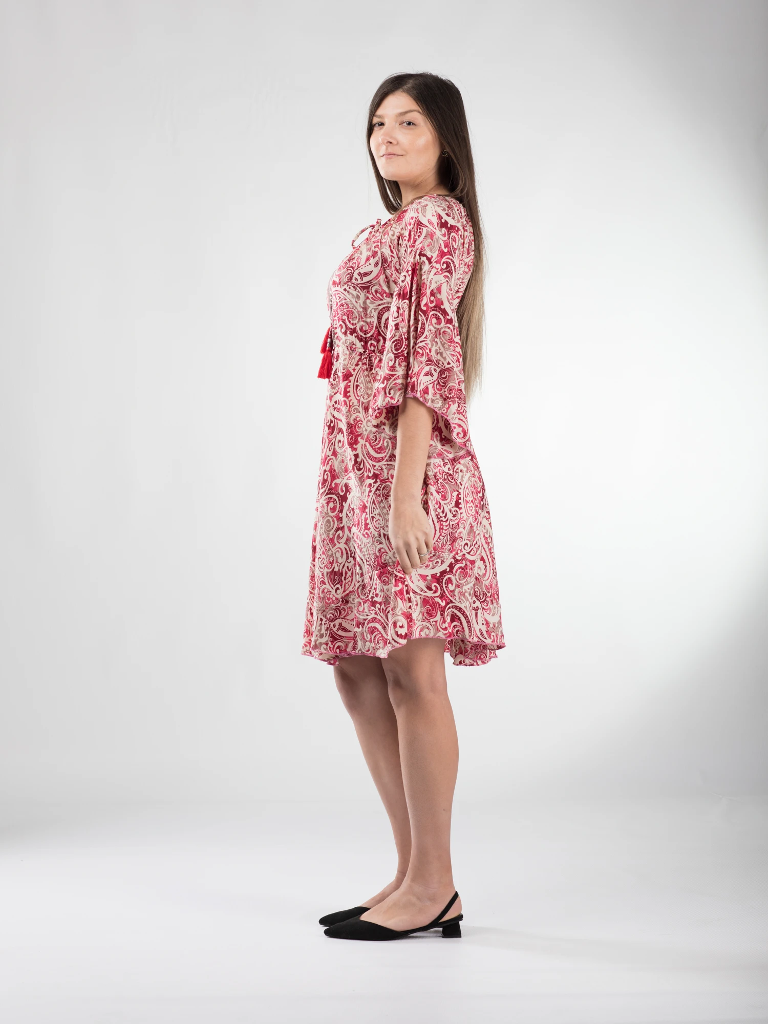 Rochie boho midi din material fluid, cu detalii aurii și mâneci 3/4 - Model 4 [2]