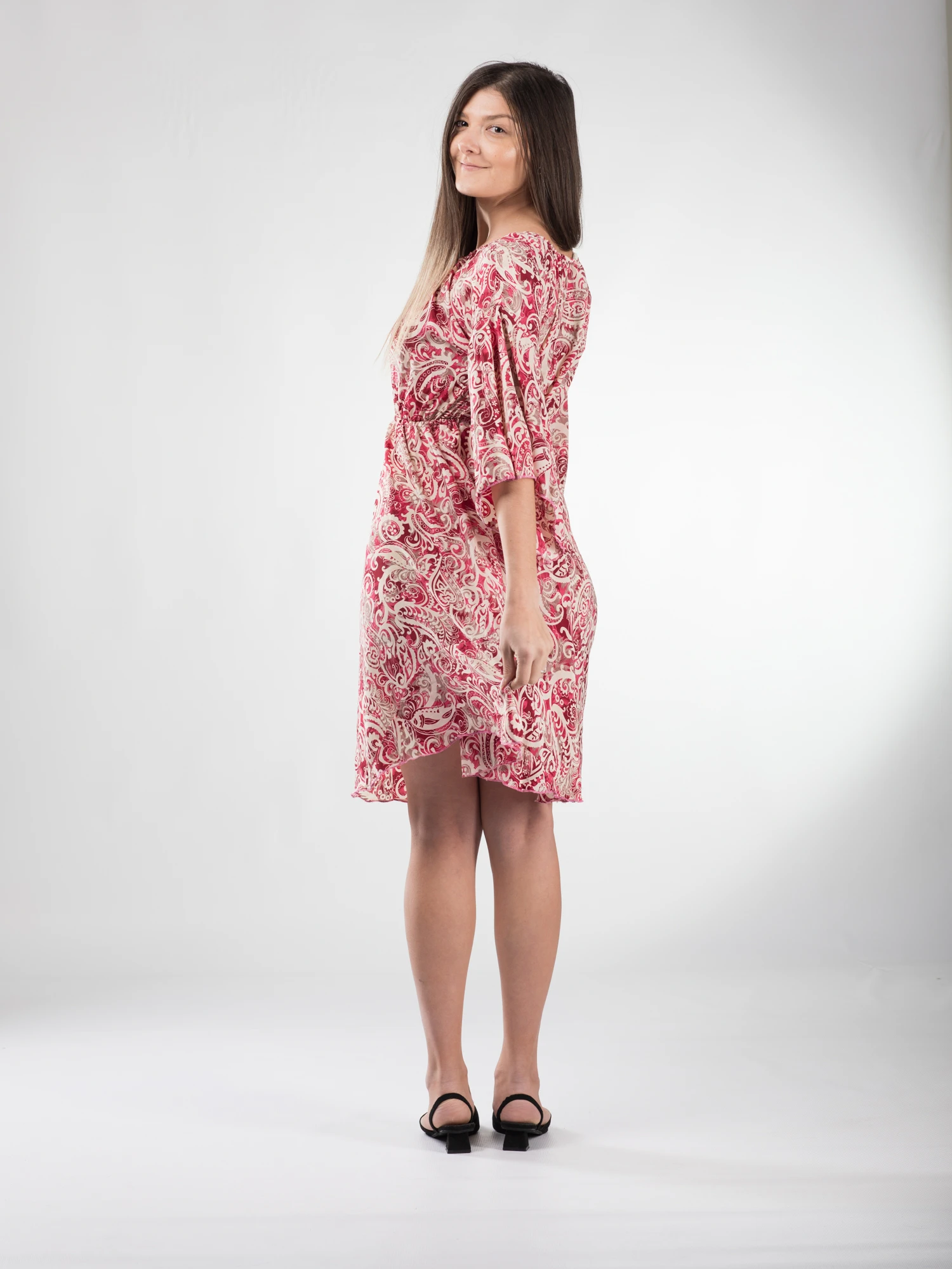 Rochie boho midi din material fluid, cu detalii aurii și mâneci 3/4 - Model 4 [5]