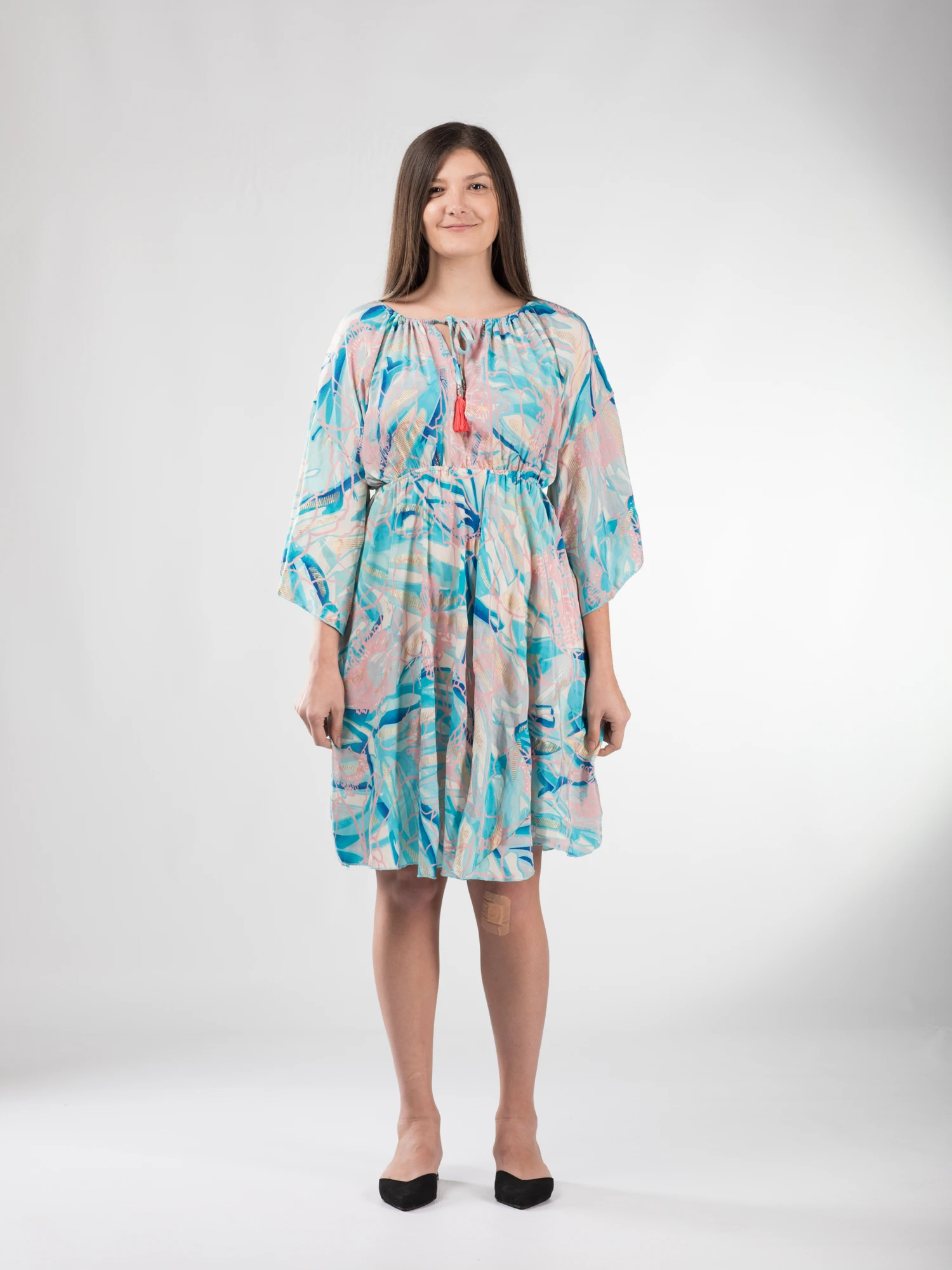 Rochie boho midi din material fluid, cu detalii aurii și mâneci 3/4 - Model 5 [2]