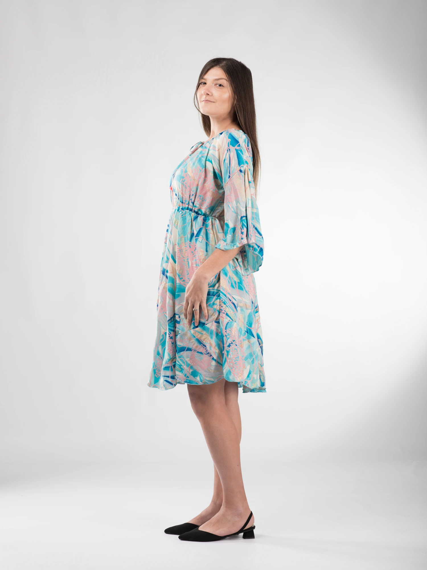 Rochie boho midi din material fluid, cu detalii aurii și mâneci 3/4 - Model 5 [4]