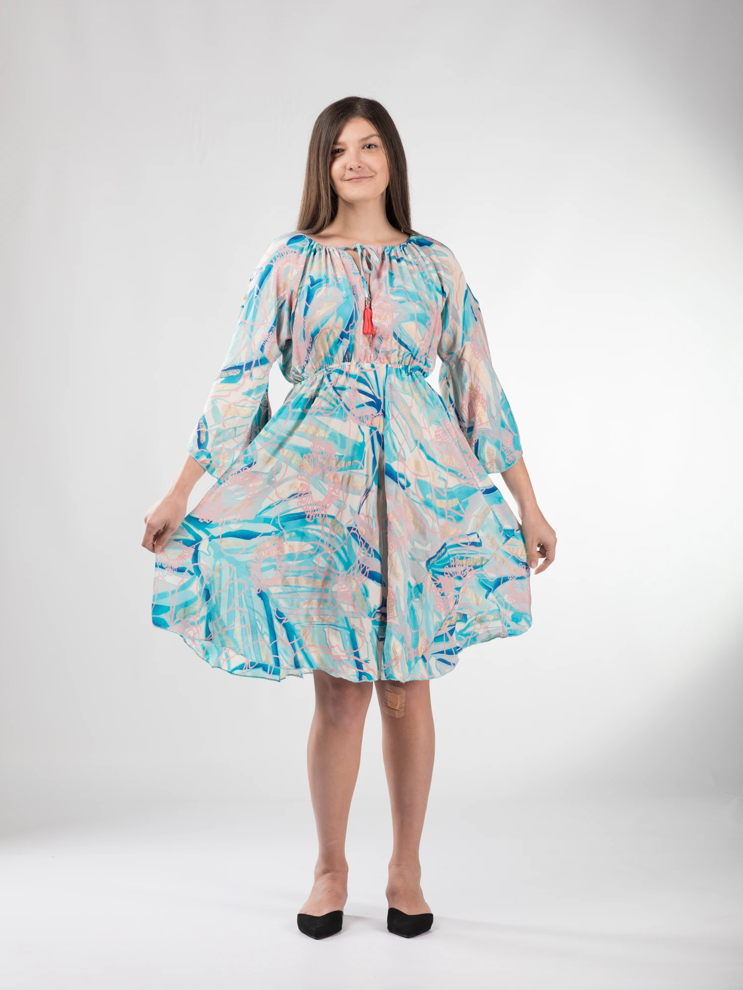 Rochie boho midi din material fluid, cu detalii aurii și mâneci 3/4 - Model 5 [3]