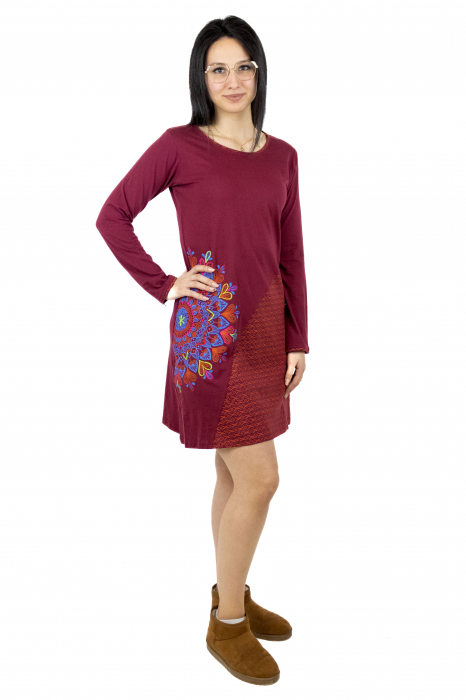 Rochie lunga din bumbac cu print mandala si design pe guler - Albastru [4]