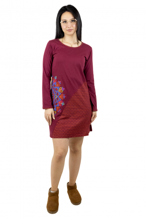 Rochie lunga din bumbac cu print mandala si design pe guler - Albastru [1]