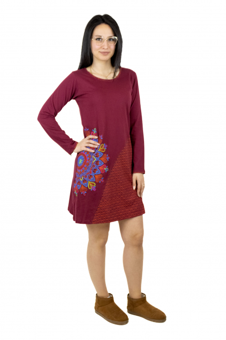 Rochie lunga din bumbac cu print mandala si design pe guler - Albastru [2]
