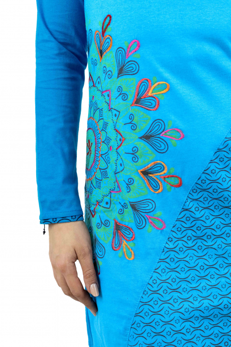Rochie lunga din bumbac cu print mandala si design pe guler - Albastru [4]
