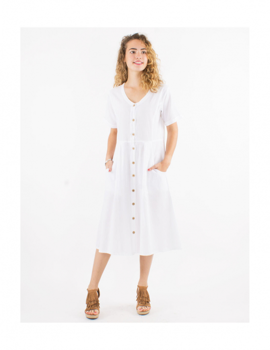 Rochie din bumbac cu mânecă scurtă și nasturi - Alb [3]