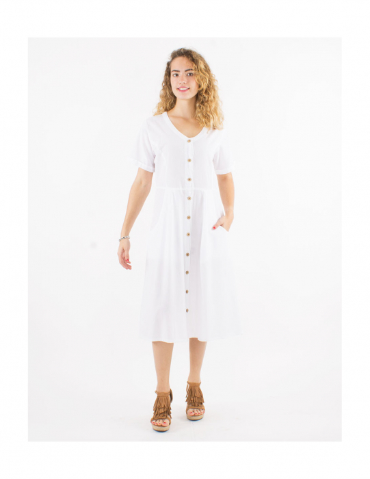 Rochie din bumbac cu mânecă scurtă și nasturi - Alb [1]