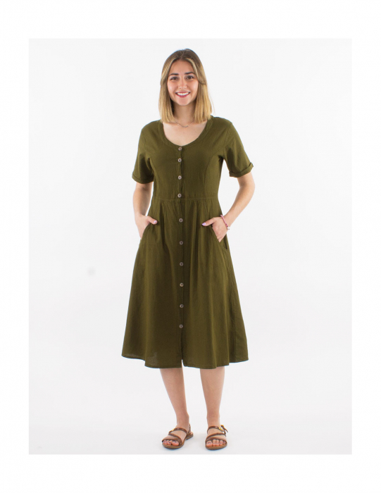 Rochie din bumbac cu mânecă scurtă și nasturi - Alb [3]