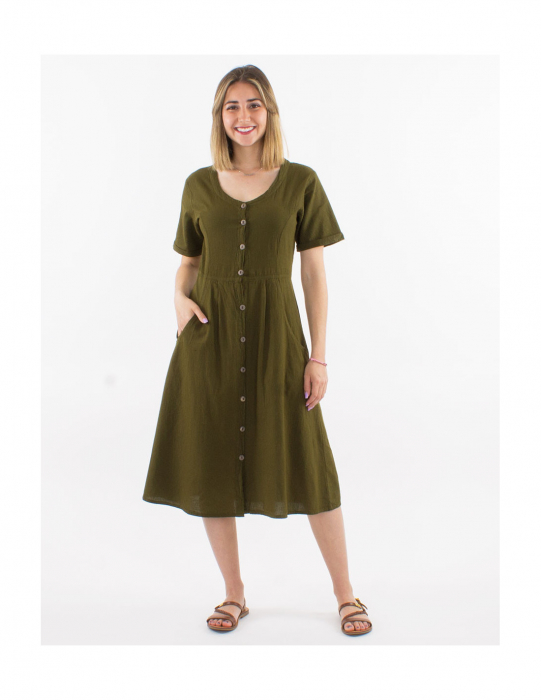 Rochie din bumbac cu mânecă scurtă și nasturi - Alb [1]