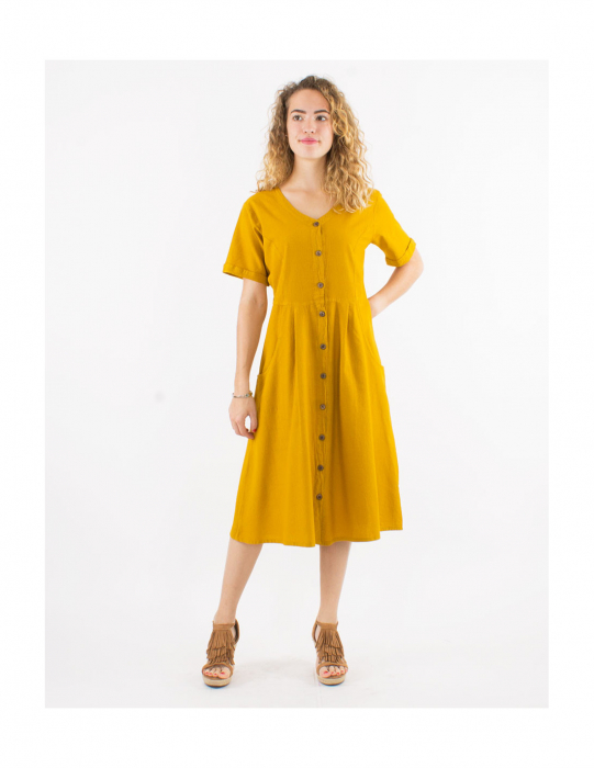 Rochie din bumbac cu mânecă scurtă și nasturi - Alb [1]