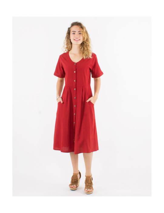 Rochie din bumbac cu mânecă scurtă și nasturi - Alb [3]