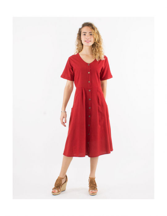 Rochie din bumbac cu mânecă scurtă și nasturi - Alb [1]