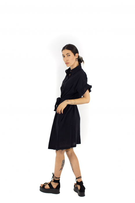 Rochie din bumbac cu nasturi si cordon - Neagra [2]