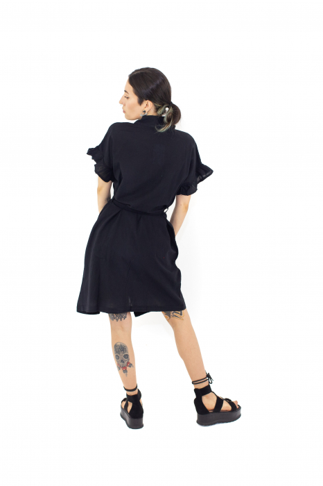 Rochie din bumbac cu nasturi si cordon - Neagra [3]
