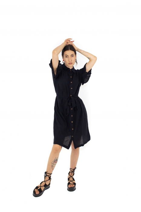 Rochie din bumbac cu nasturi si cordon - Neagra [4]