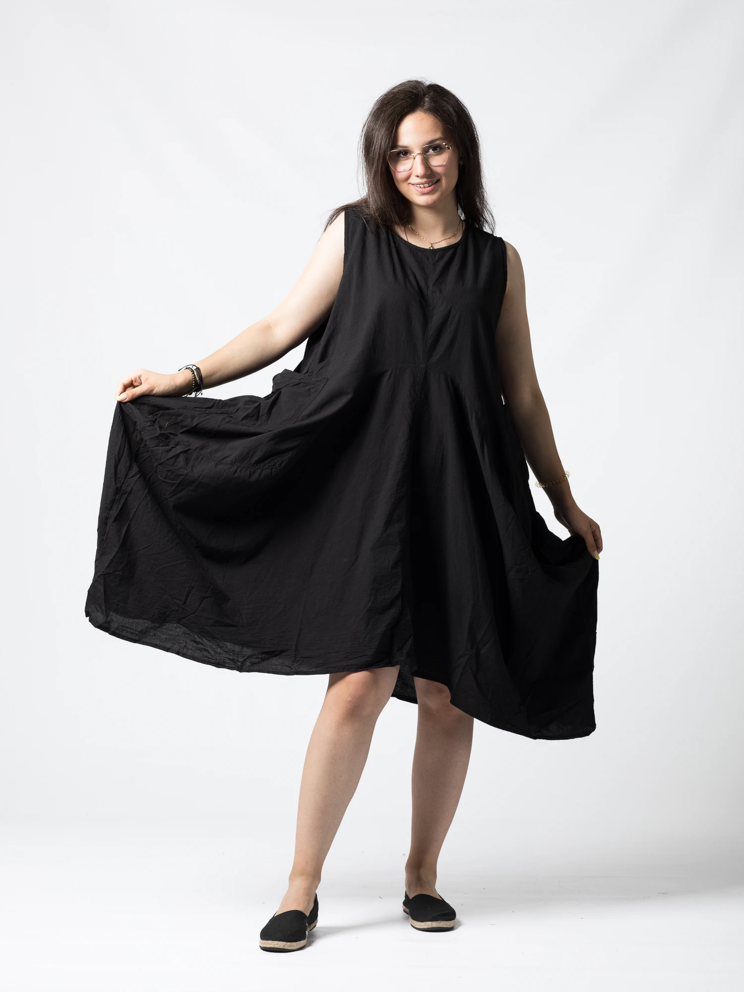 Rochie din Bumbac fără Mâneci, Croi Asimetric - Alb [4]