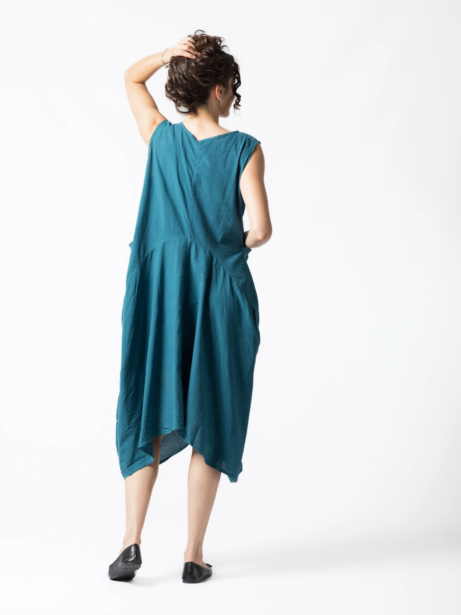 Rochie din Bumbac fără Mâneci, Croi Asimetric - Alb [2]