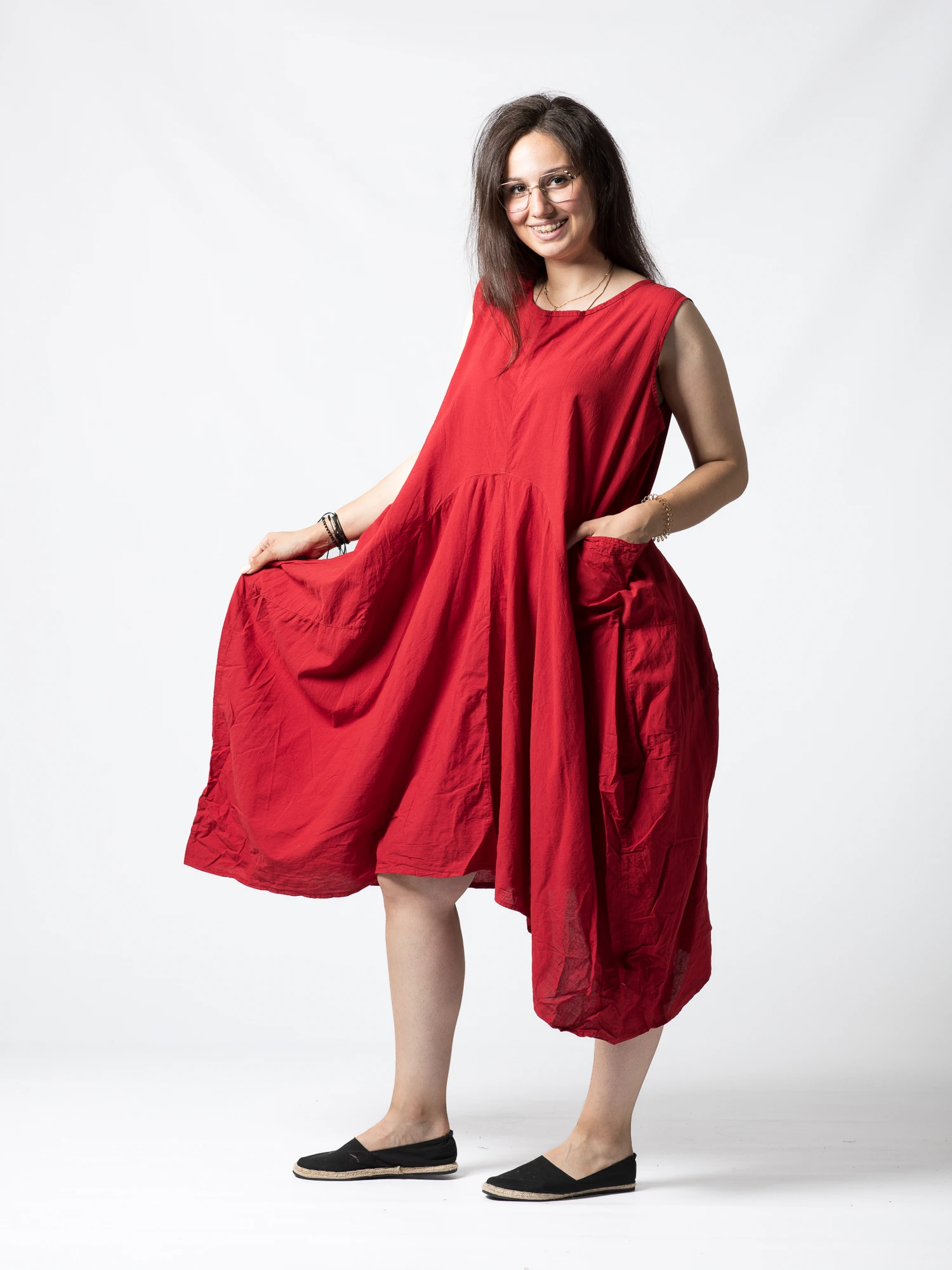 Rochie din Bumbac fără Mâneci, Croi Asimetric - Alb [2]