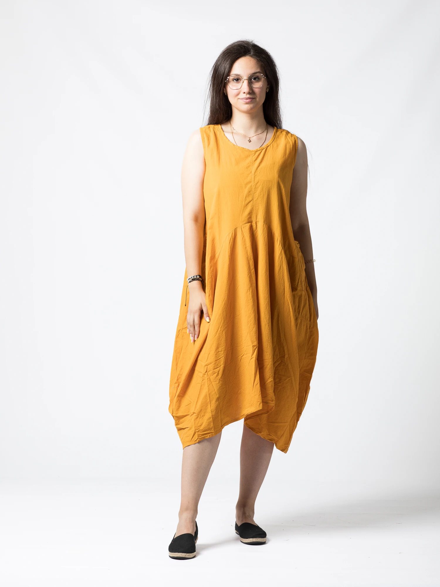 Rochie din Bumbac fără Mâneci, Croi Asimetric - Alb [4]