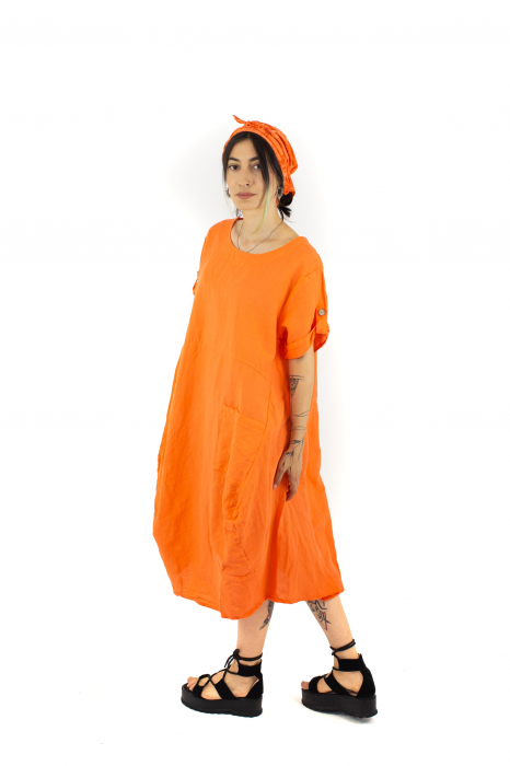 Rochie din In si Bumbac cu maneca scurta si esarfa - Portocaliu -51219 [3]