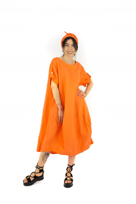 Rochie din In si Bumbac cu maneca scurta si esarfa - Portocaliu -51219 [2]