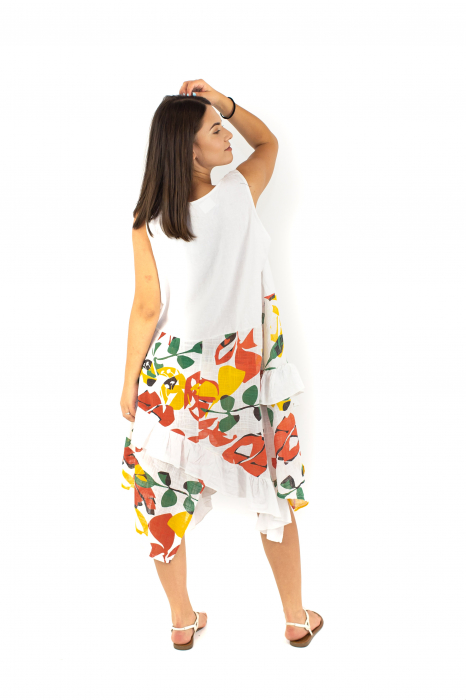Rochie din In si Bumbac cu volanase si print exotic - Alb [5]