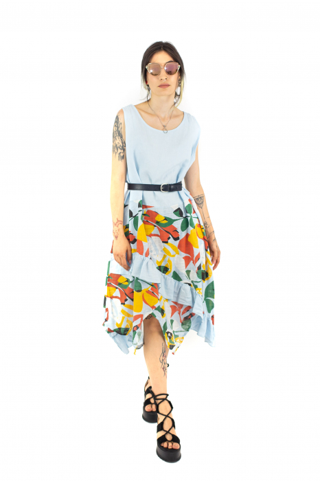 Rochie din In si Bumbac cu volanase si print exotic - Alb [2]