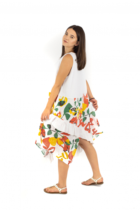 Rochie din In si Bumbac cu volanase si print exotic - Alb [3]
