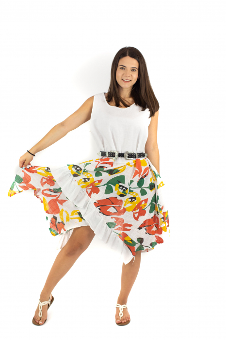 Rochie din In si Bumbac cu volanase si print exotic - Alb [4]