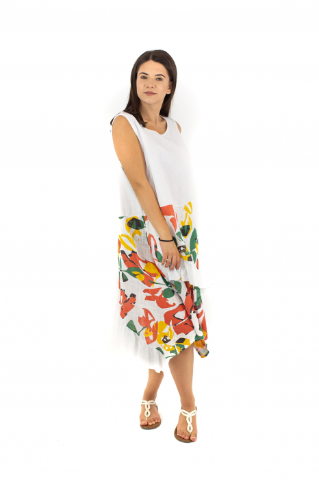Rochie din In si Bumbac cu volanase si print exotic - Alb [2]