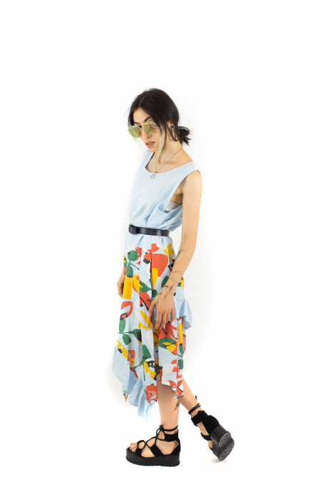 Rochie din In si Bumbac cu volanase si print exotic - Alb [3]
