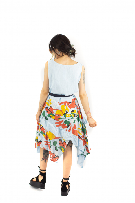Rochie din In si Bumbac cu volanase si print exotic - Alb [4]