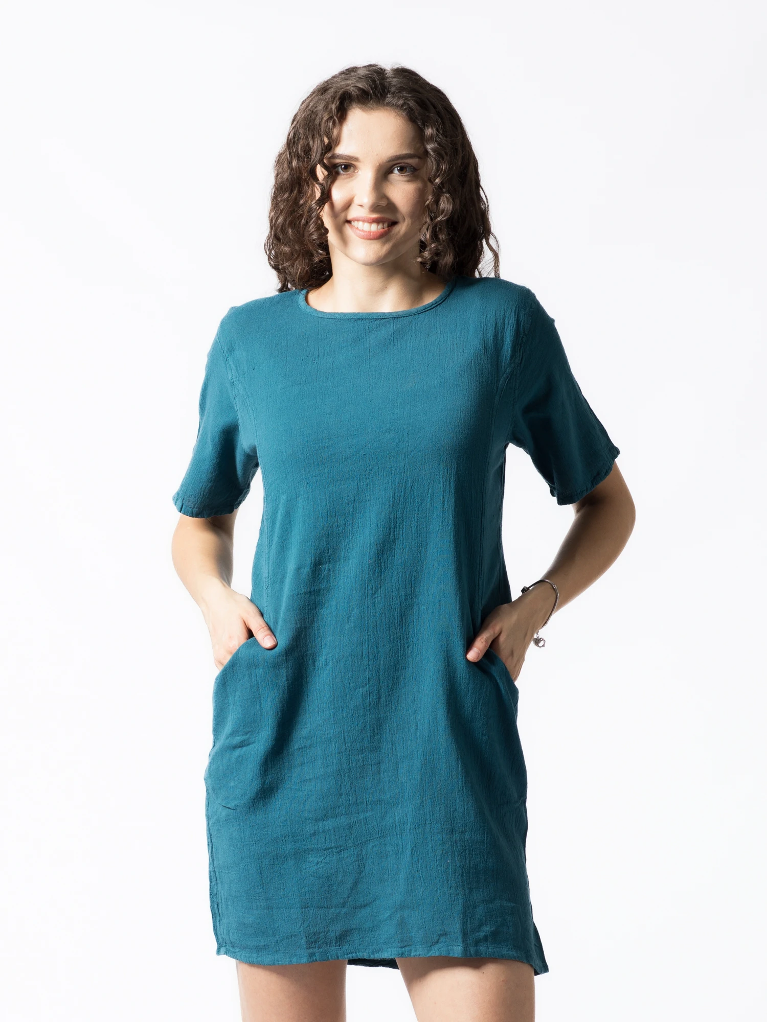 Rochie dreaptă din bumbac cu mânecă scurtă și buzunare laterale - Roz [1]