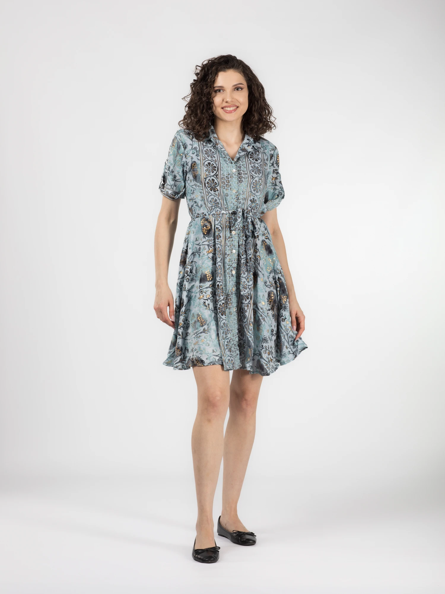 Rochie florală din material fuid cu detalii aurii și cordon în talie - Model 2 [2]