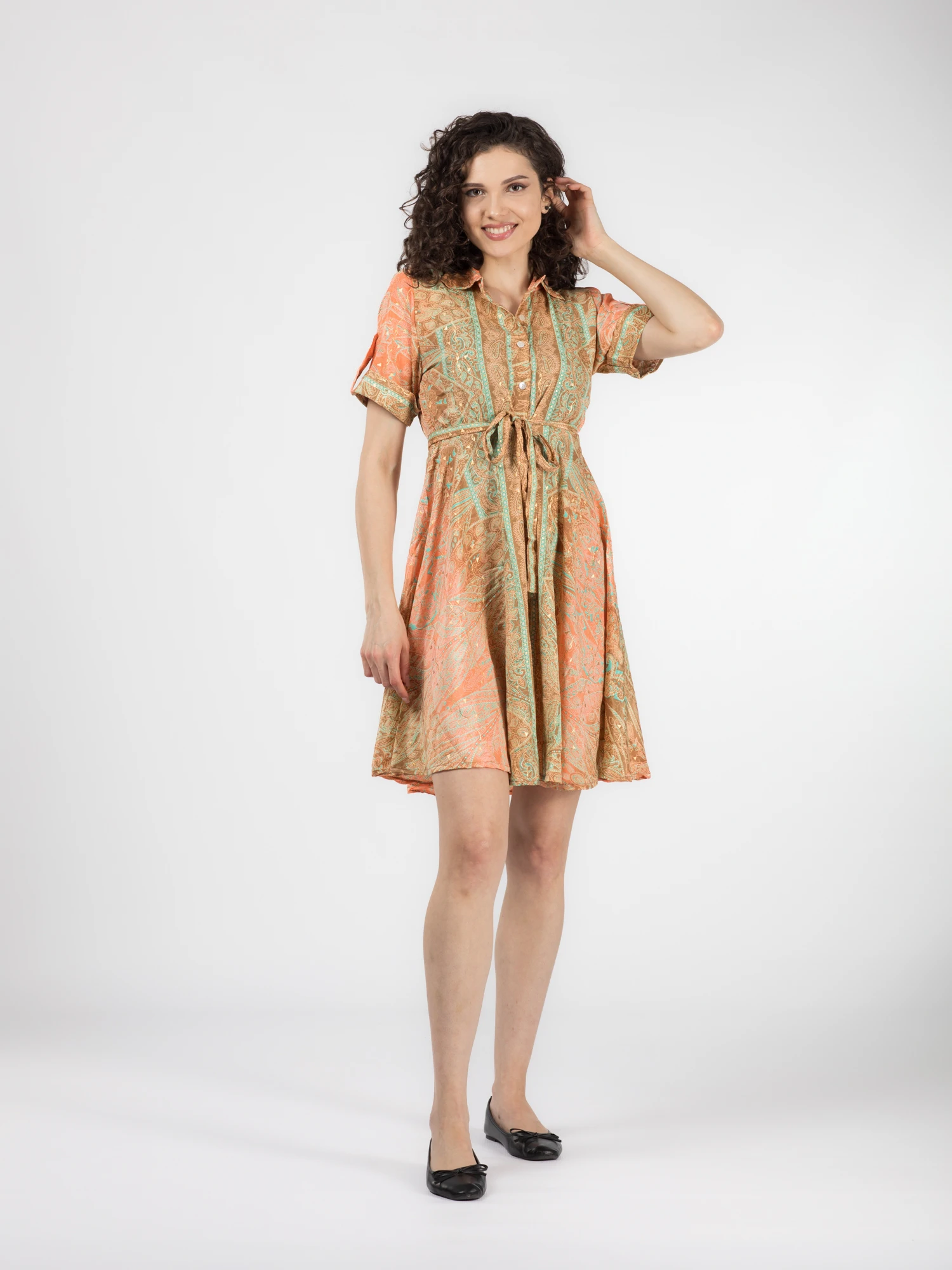 Rochie florală din material fuid cu detalii aurii și cordon în talie - Model 4 [2]