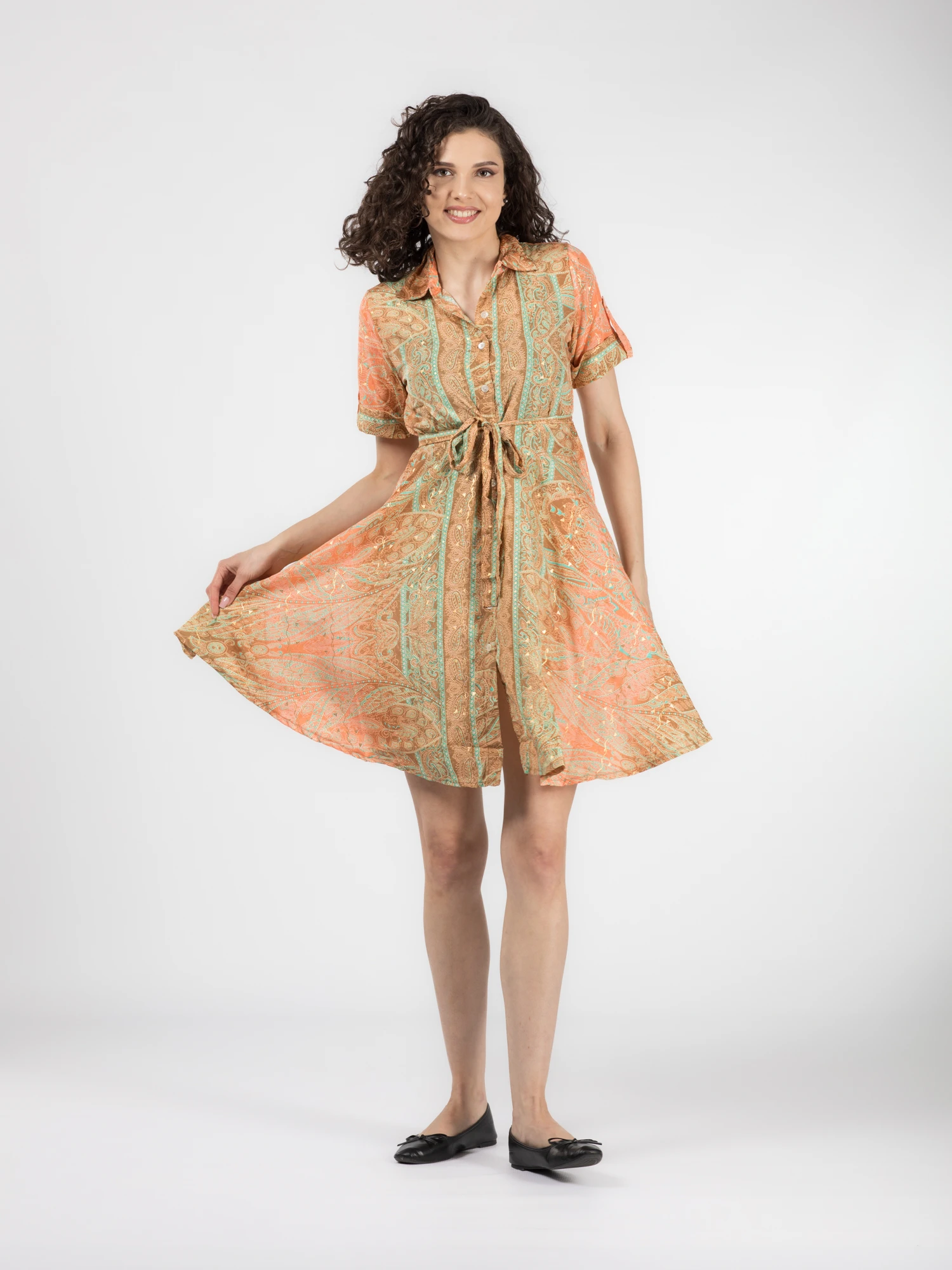 Rochie florală din material fuid cu detalii aurii și cordon în talie - Model 4 [6]