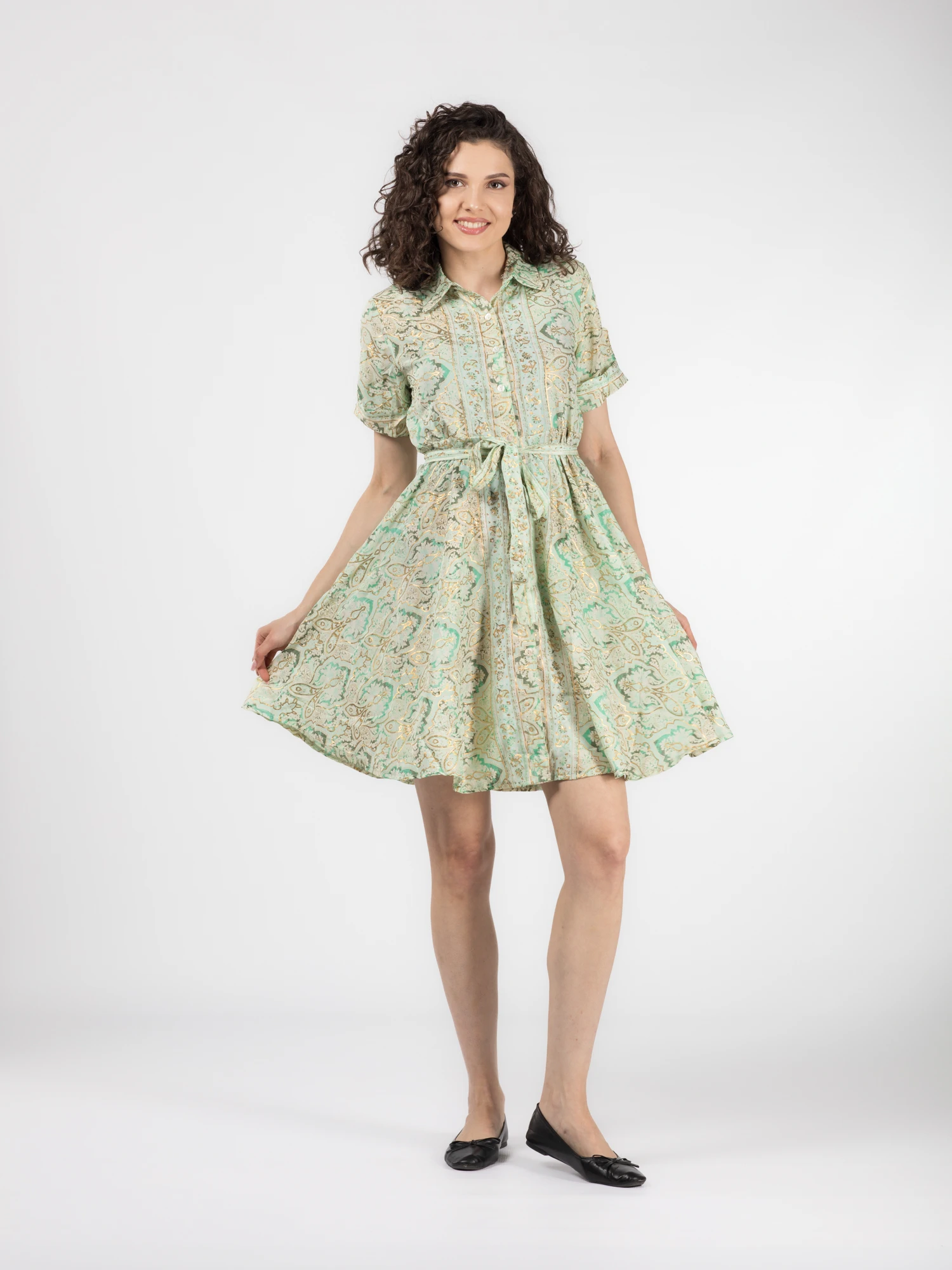 Rochie florală din material fuid cu detalii aurii și cordon în talie - Model 5 [6]