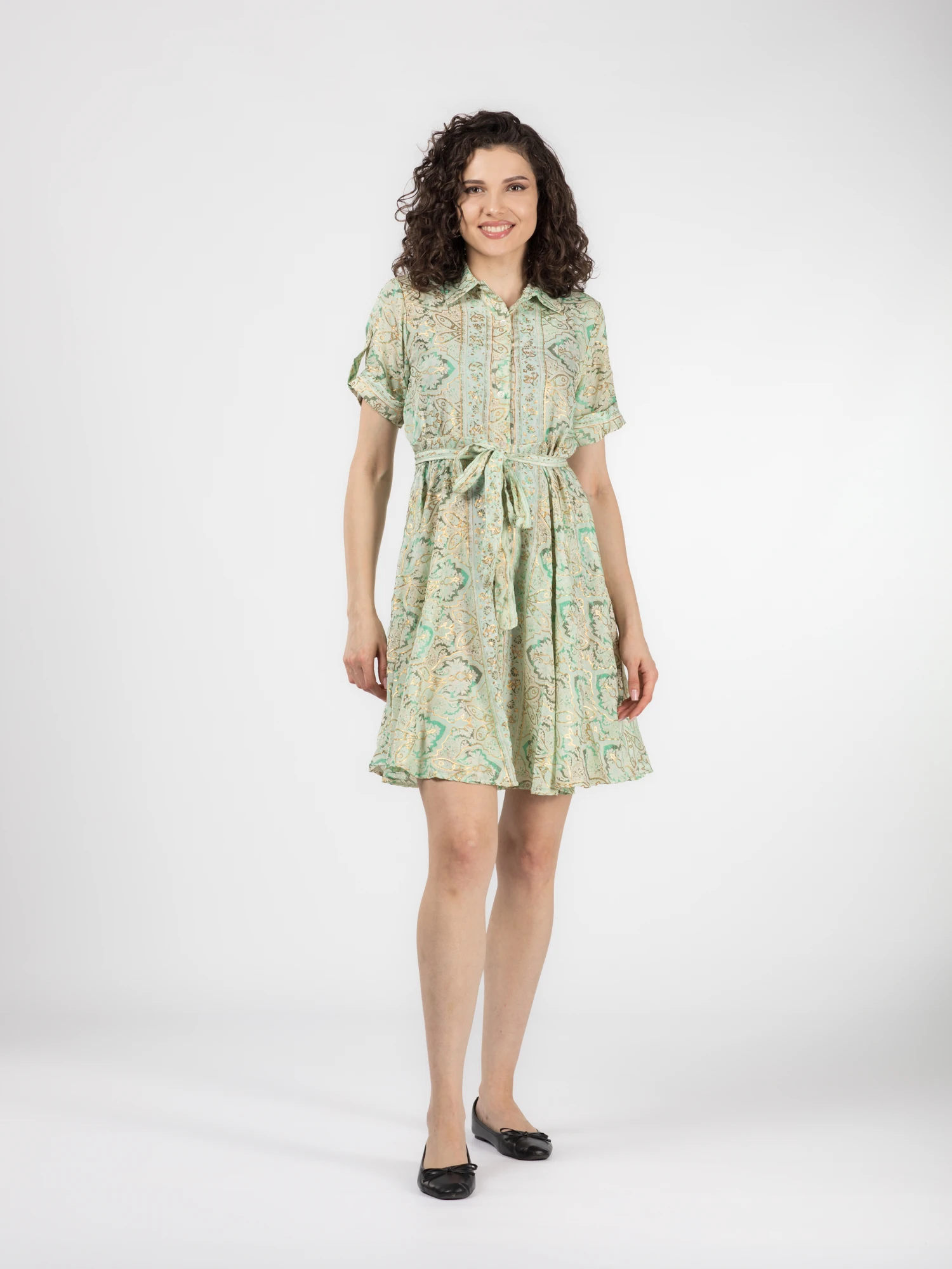 Rochie florală din material fuid cu detalii aurii și cordon în talie - Model 5 [2]