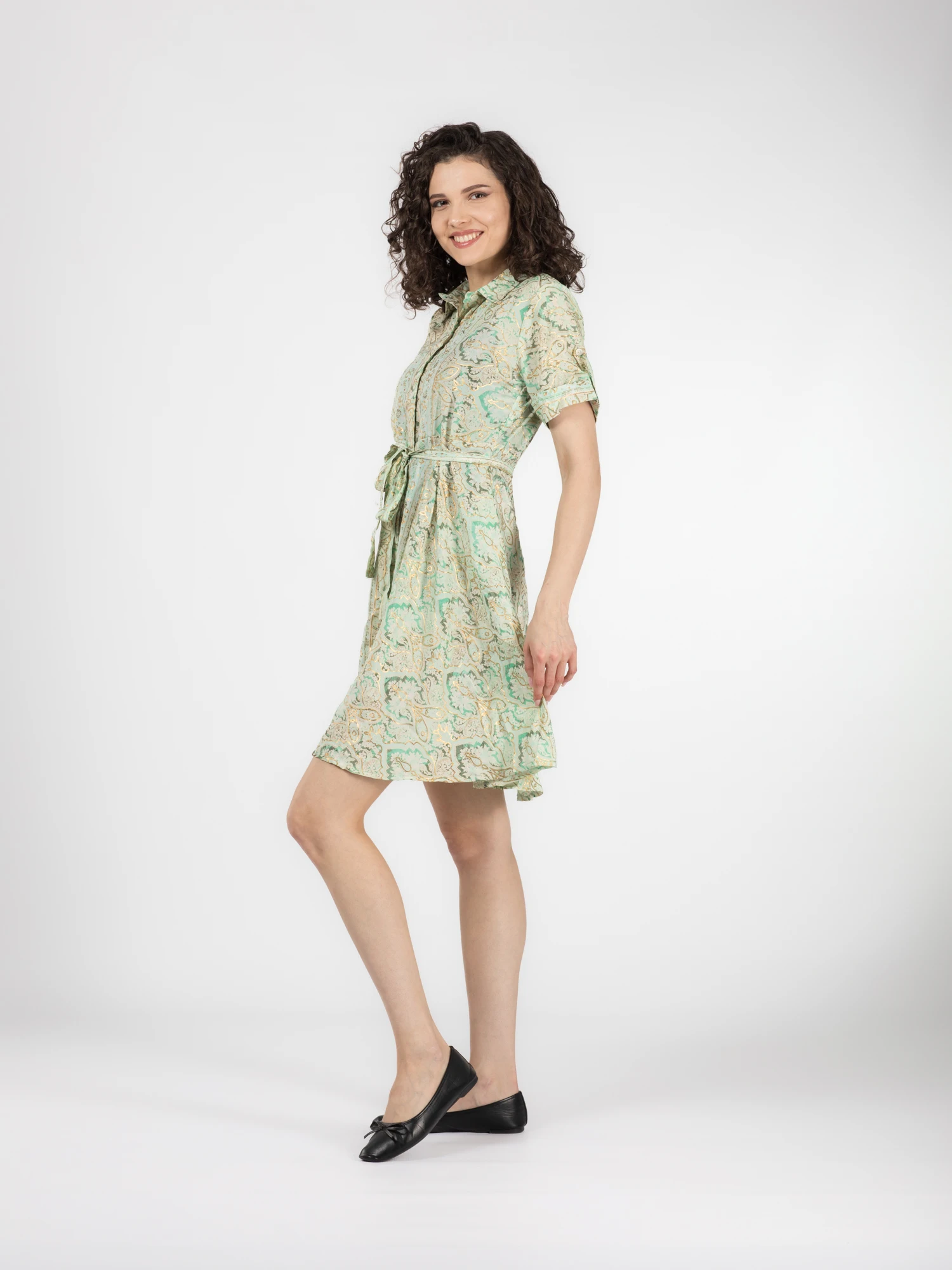 Rochie florală din material fuid cu detalii aurii și cordon în talie - Model 5 [3]