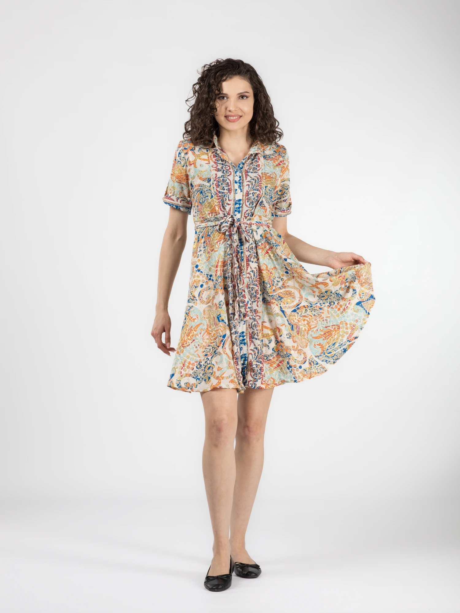 Rochie florală din material fuid cu detalii aurii și cordon în talie - Model 6 [7]