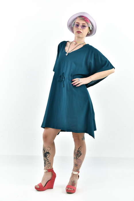 Rochie Kaftan scurta intr-o culoare - Albastru Prafuit [6]