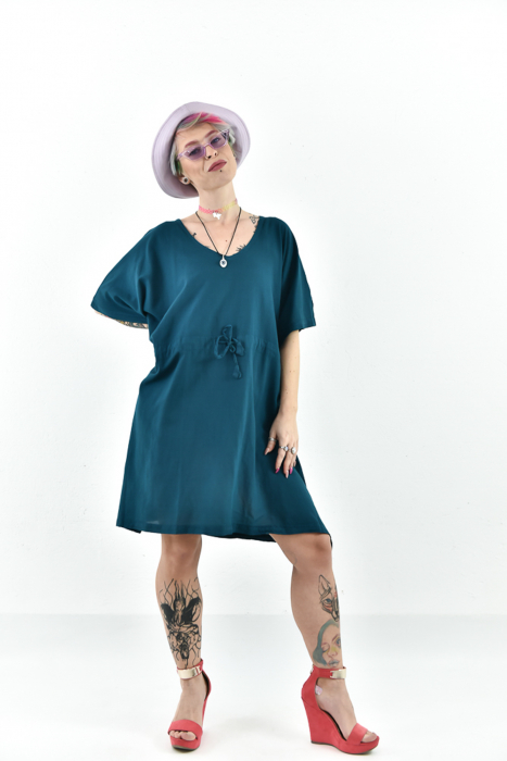 Rochie Kaftan scurta intr-o culoare - Albastru Prafuit [5]