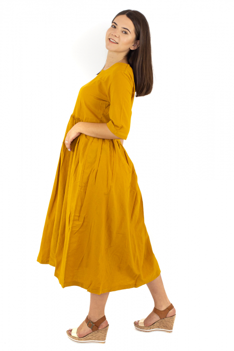 Rochie lunga cu maneca scurta cu pliuri - Mustar [2]