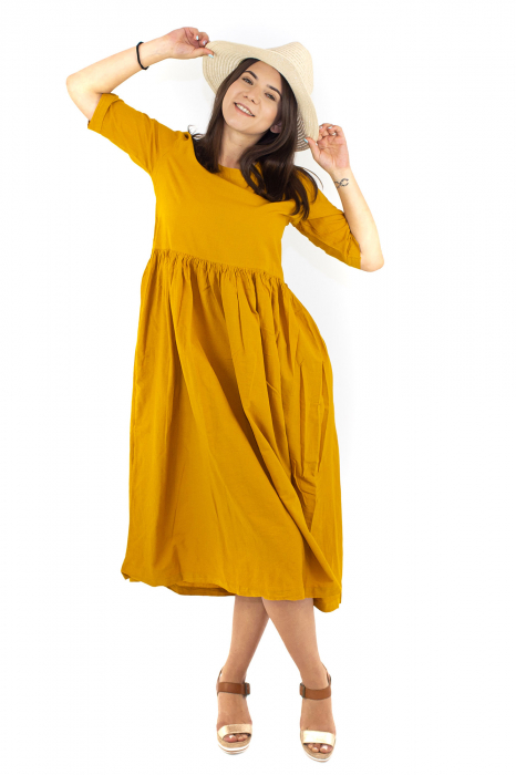 Rochie lunga cu maneca scurta cu pliuri - Mustar [4]