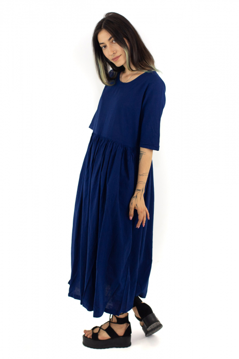 Rochie lunga cu maneca scurta cu pliuri - Mustar [3]