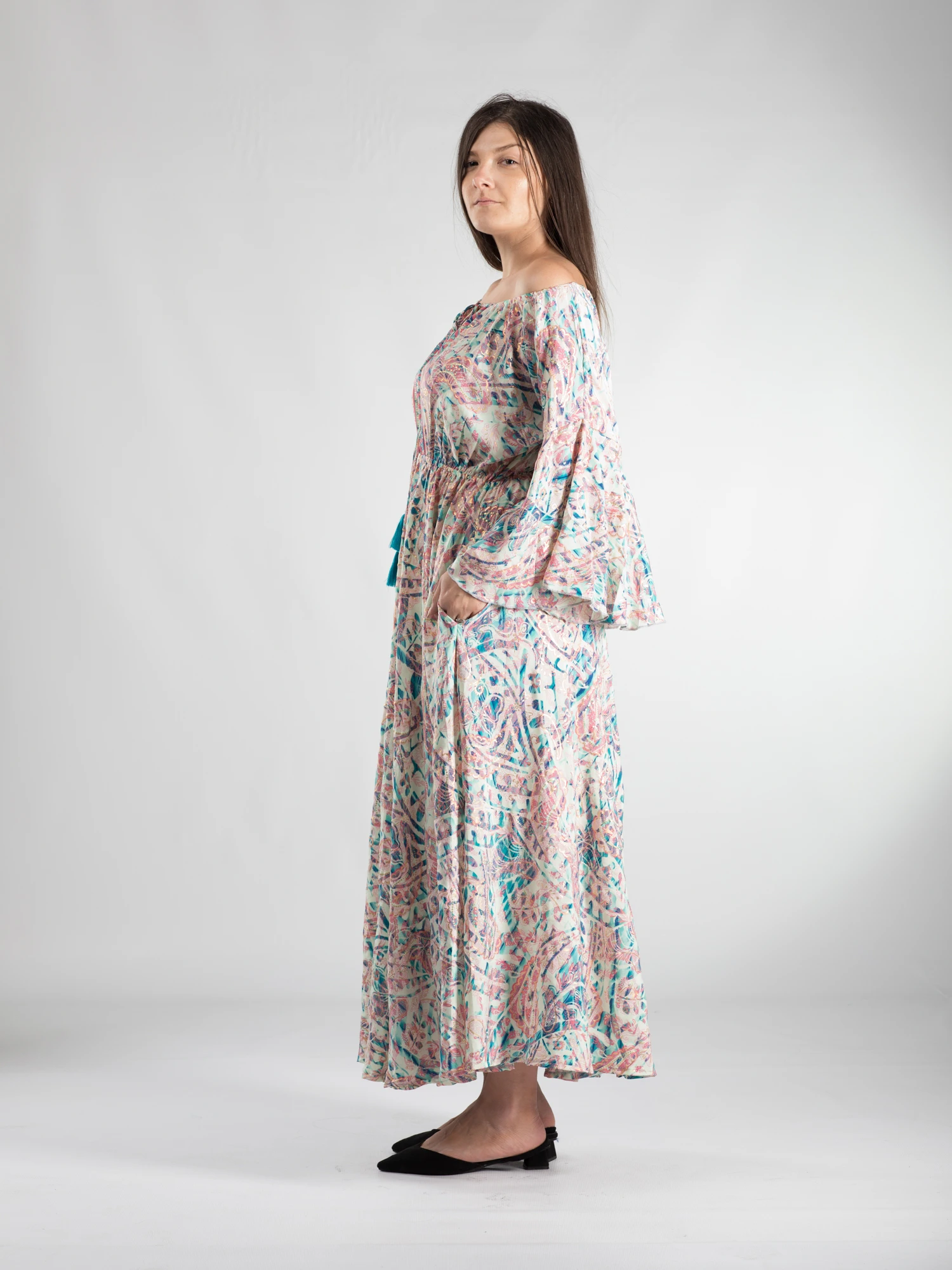 Rochie lungă din material fluid cu mâneci 3/4 - Model 2 [2]