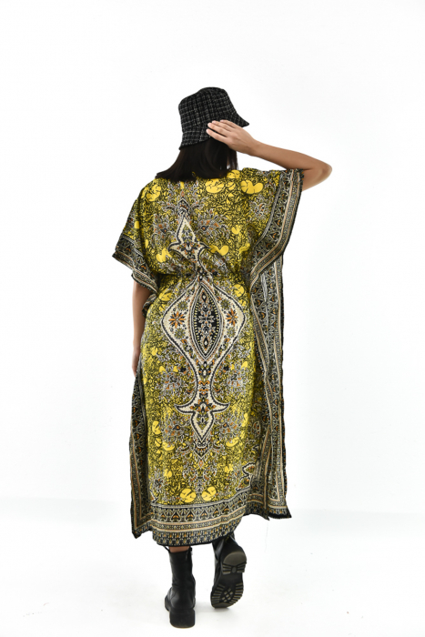 Rochie scurta Kaftan cu print Hindu Galben - Wine [4]