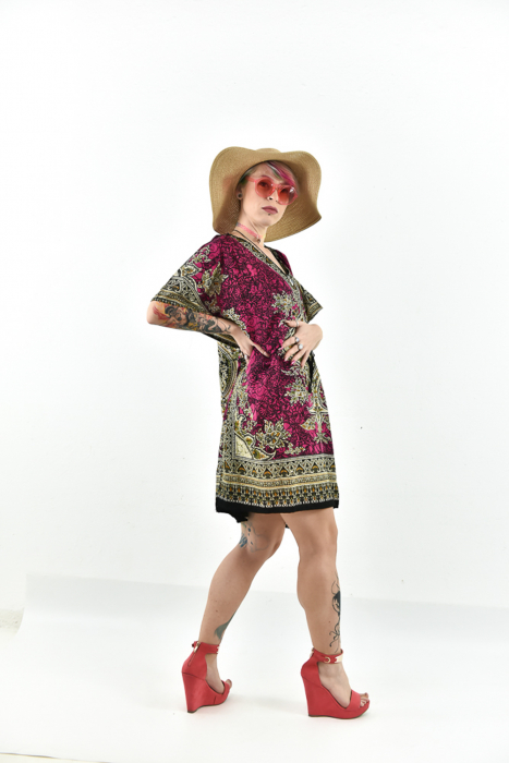 Rochie scurta Kaftan cu print Hindu Galben - Wine [6]